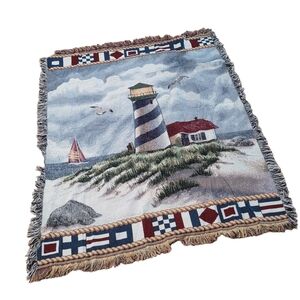 Vintage Nautical Woven Tapestry Throw Rug Coastal Lighthouse‎